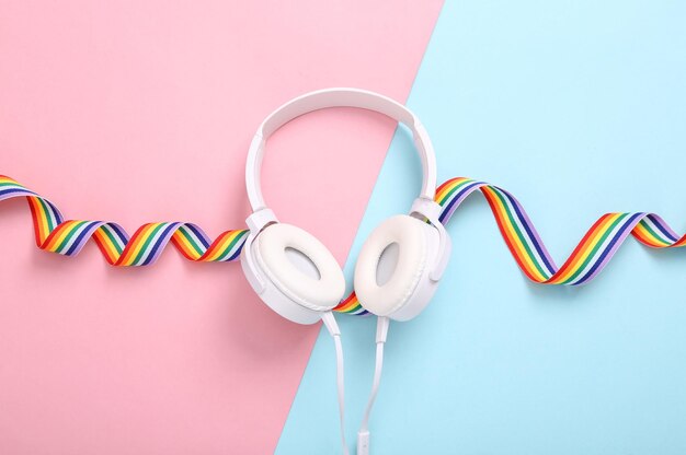 Stereo headphones with LGBT rainbow ribbon tape on blue pink background Top view