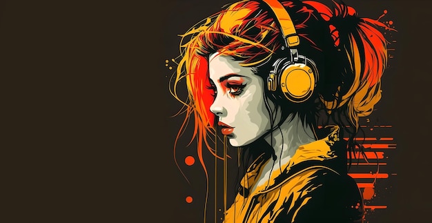 Stereo muziek Pop art vrouw Cartoon illustratie Foto van profiel portret van vrouw in hoofdtelefoon rood geel schilderstrokes schets overlay ontwerp op donkere achtergrond