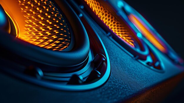 Photo a stereo speaker illuminated in blues and oranges on a black background has been isolated
