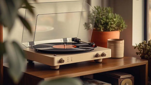 a stereo system complete with vinyl records and speakers The wooden finish and retro design evoke a sense of vintage sophistication