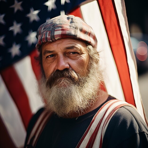 Foto cittadino americano stereotipato con uno sfondo di bandiera americana