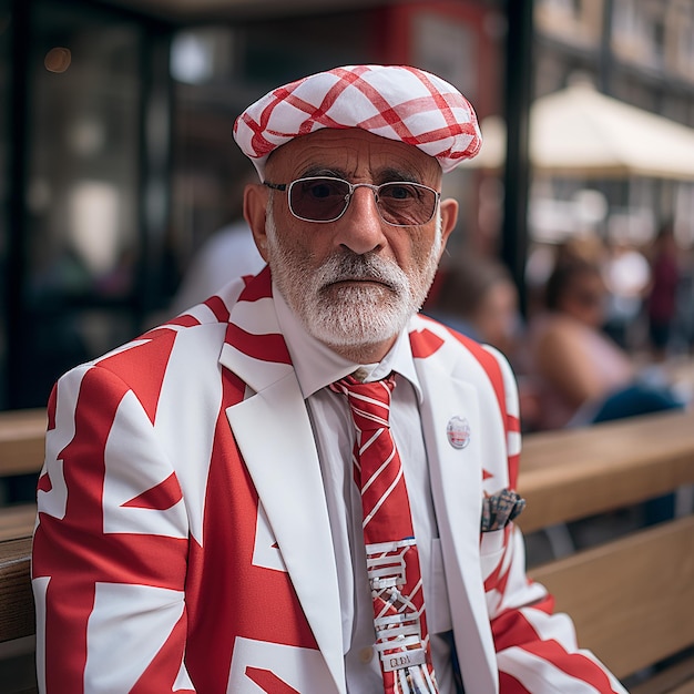 Photo stereotypical british citizen with background of england flag