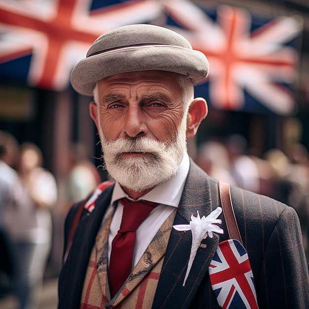 Photo stereotypical british citizen with background of england flag