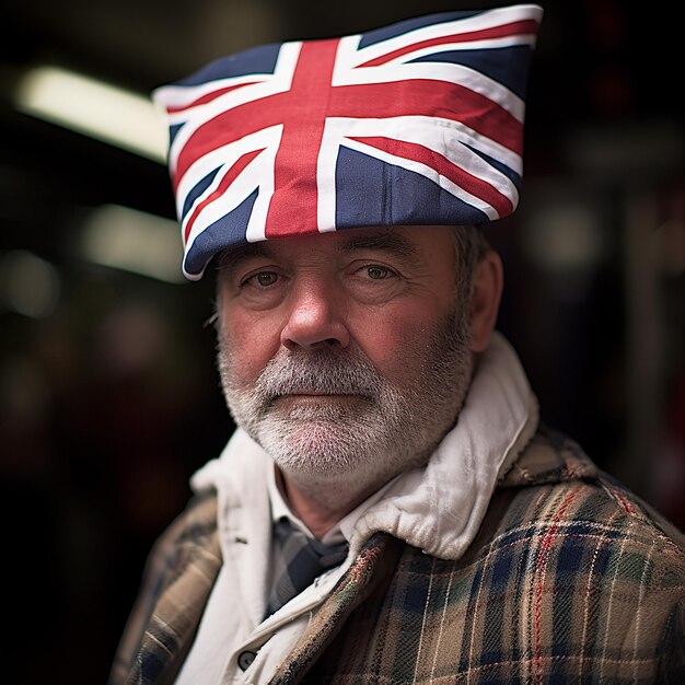 Foto cittadino britannico stereotipato con lo sfondo della bandiera inglese