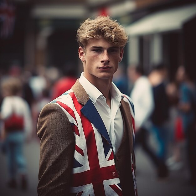 Foto cittadino britannico stereotipato con lo sfondo della bandiera inglese