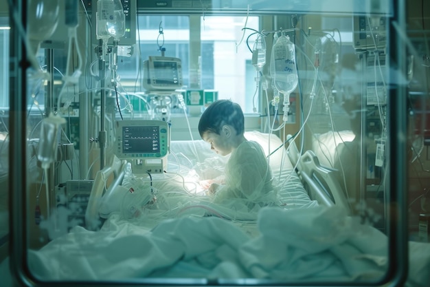 The sterile atmosphere of the pediatric intensive care unit with a young boy