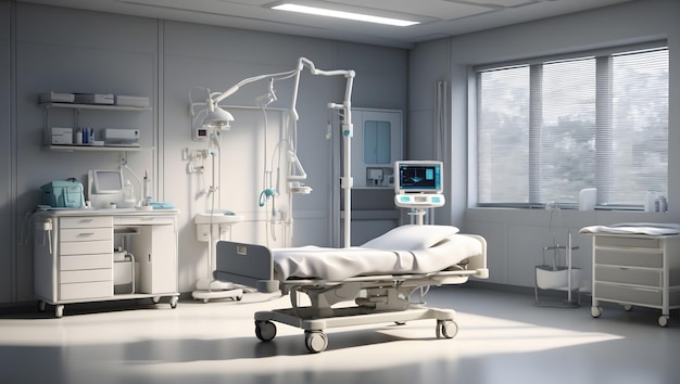 A sterile hospital room with a neatly made bed soft lighting and medical equipment realistic cl