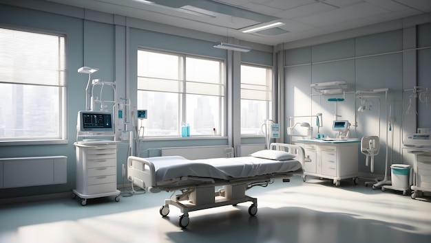 A sterile hospital room with a neatly made bed soft lighting and medical equipment realistic cl