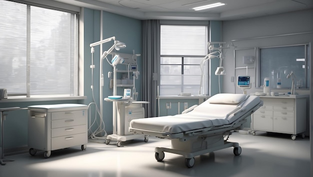 A sterile hospital room with a neatly made bed soft lighting and medical equipment realistic cl