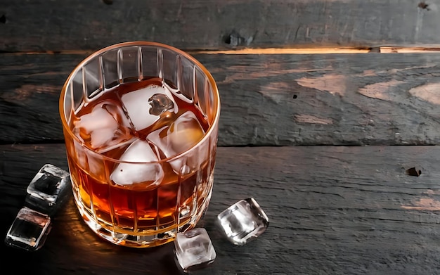 Sterk alcoholisch drankje van brandewisky in een glas met ijsblokjes op een donkere houten achtergrond