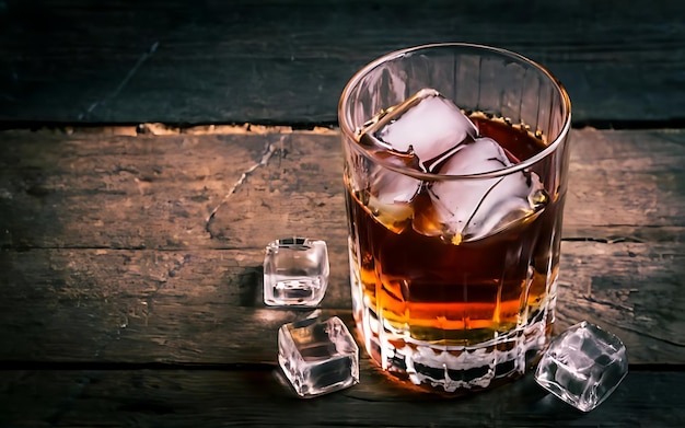 Sterk alcoholisch drankje van brandewisky in een glas met ijsblokjes op een donkere houten achtergrond