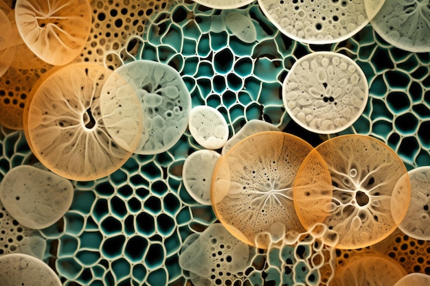 Foto sterk vergrote snapshots van gistcellen onder de microscoop die unieke patronen onthullen