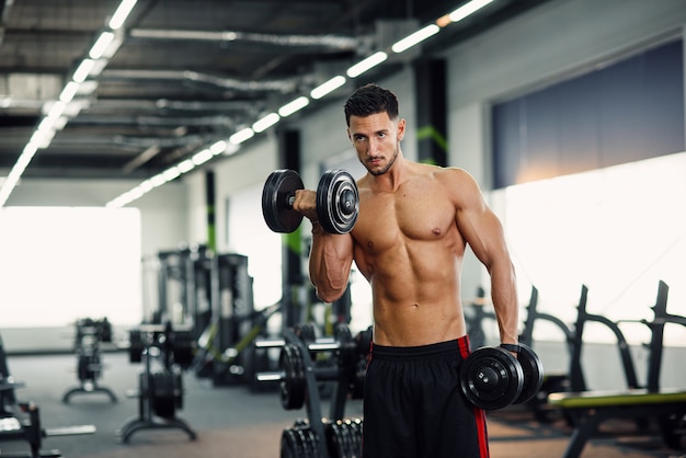 Sterke gezonde man doet biceps oefeningen met halters op de training in moderne sportschool.