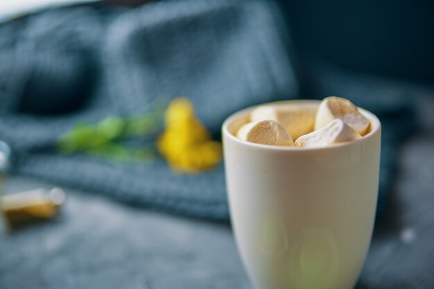 Sterke koffie met marshmallow op de tafel met een warme deken