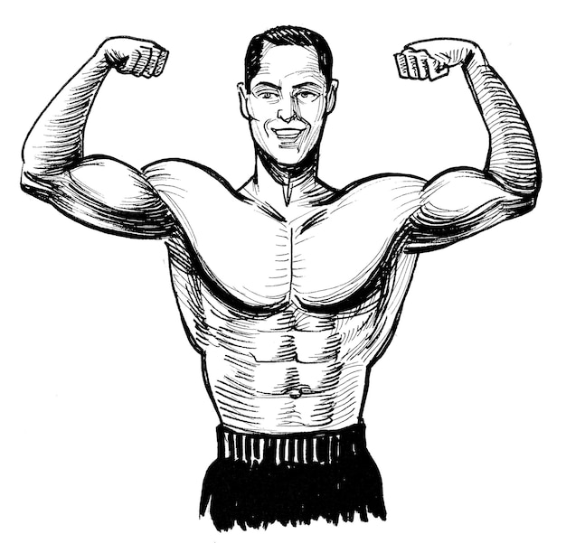 Sterke man buigen biceps. Inkt zwart-wit tekening