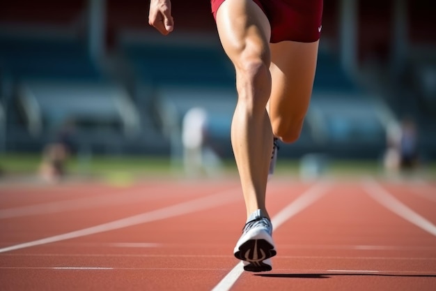 Sterke sportman in sneakers en korte broek loopt langs de baan op een sportstadion close-up