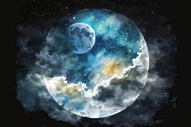Sterren bezaaide nachtelijke hemel met een volle maan aquarel
