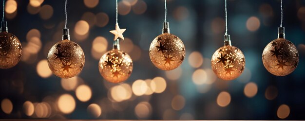 Sterren en kerstbal hangende ornament met lichte bokeh in de donkere nacht abstracte achtergrond Generatieve AI