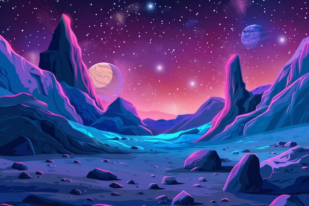 Sterren schitteren in de ruimte op een verlaten buitenaardse planeet met bergen rotsen en diepe spleten Buitenaardse achtergrond van computerspellen moderne illustratie met parallaxeffect