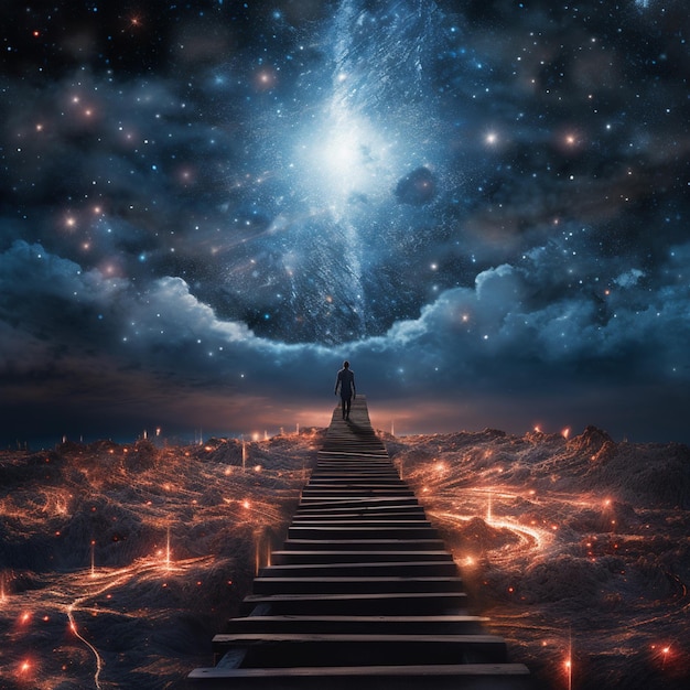 sterrenhemel met een man die op een trap staat die leidt naar een met sterren gevulde hemel generatieve ai