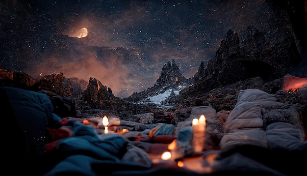 Sterrenhemel met een volle maan in de bergen schommelt lichten