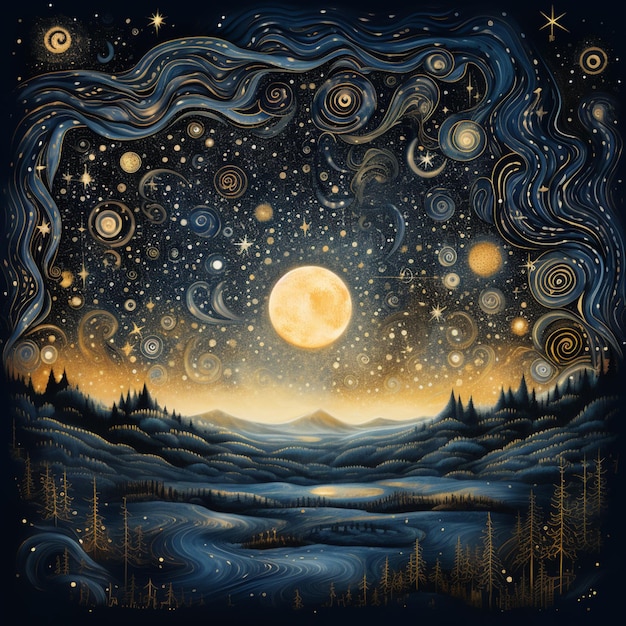 sterrenrijke nacht met een volle maan en een meer op de voorgrond generatieve ai