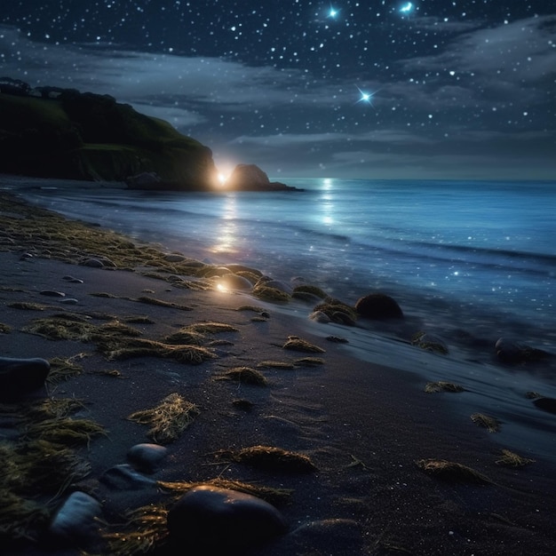 Sterrenrijke nacht op het strand met een volle maan en een vuurtoren generatieve ai.