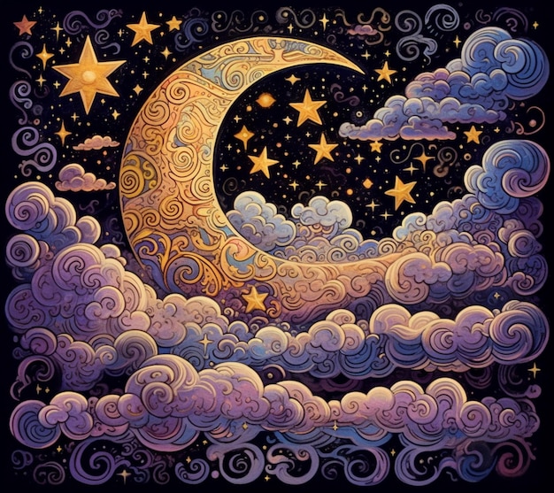 Sterrenrijke nachtelijke hemel met halve maan en sterren en wolken generatieve ai