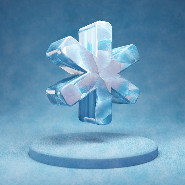 Sterretje pictogram. Gebarsten blauw Ice Asterisk-symbool op blauw sneeuwpodium. Social Media Icon voor website, presentatie, ontwerpsjabloon element. 3D render.