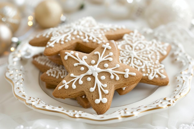 Stervormige peperkoekjes op een bord met kerstballen