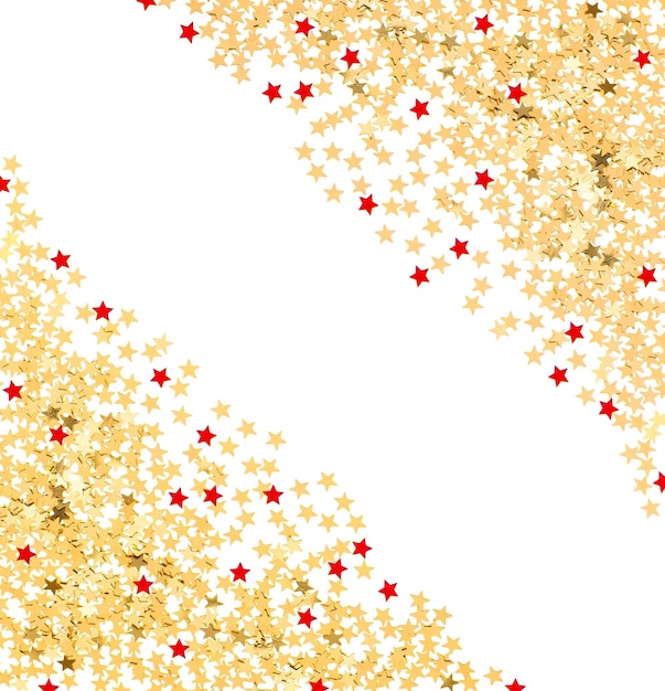 Stervormige rode en gouden confetti op witte achtergrond. feestelijke achtergrond