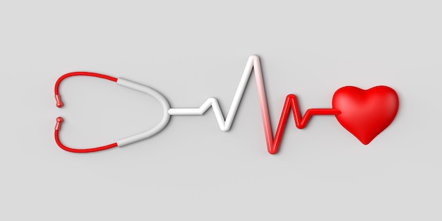 Stethoscoop die de hartslag van het hart markeert. ruimte kopiëren. 3d illustratie.