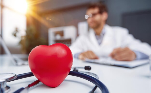 Stethoscoop en rood hart op een houten tafel cardiologie concept