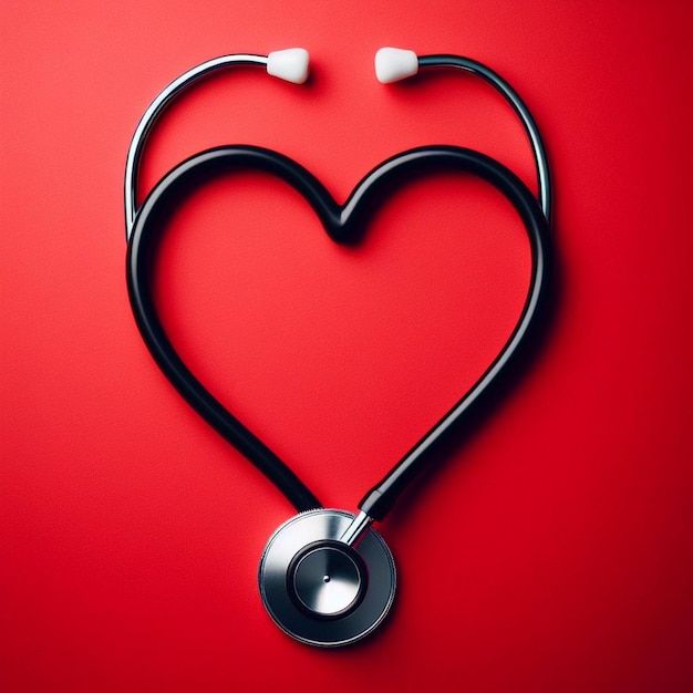 A stethoscope against a solid red background The background is vivid and monochromatic red
