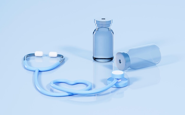 Stethoscope and ampoules in the blue background 3d rendering