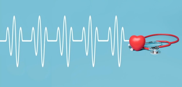 Фото Стетоскоп и осмотр сердца красный на синем фоне концепции здравоохранения