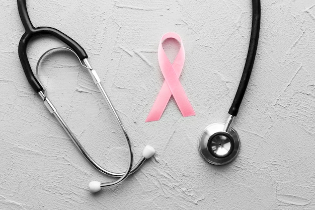 Photo stethoscope around breast cancer ribbon