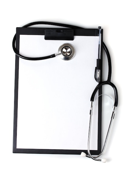 Stethoscope and black clipboard isolated on white