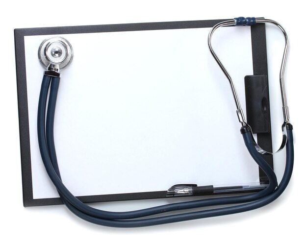 Stethoscope and black clipboard isolated on white