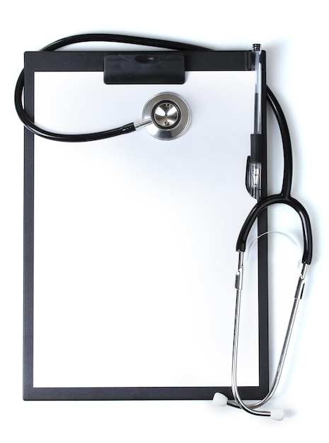 Photo stethoscope and black clipboard isolated on white