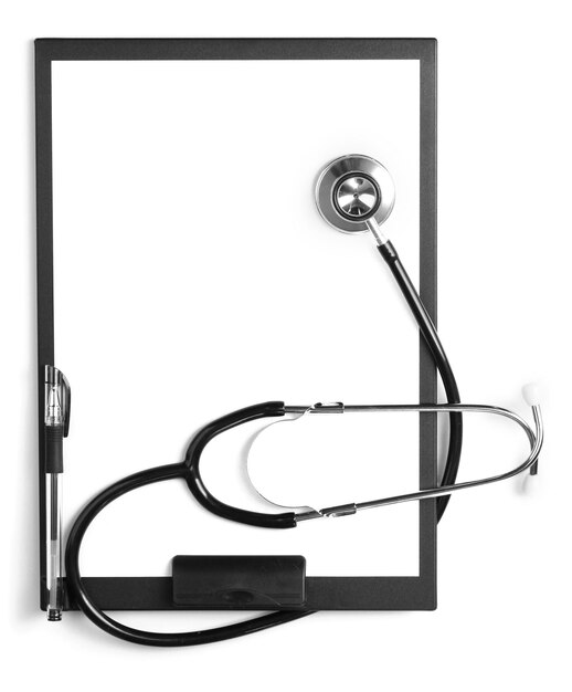 stethoscope and black clipboard isolated on white