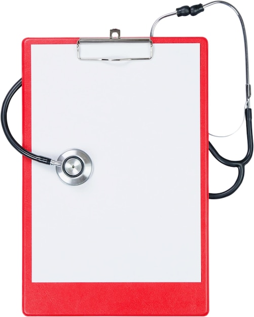 Stethoscope and blank clipboard isolated on white