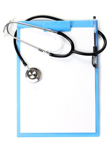 Stethoscope and blue clipboard isolated on white