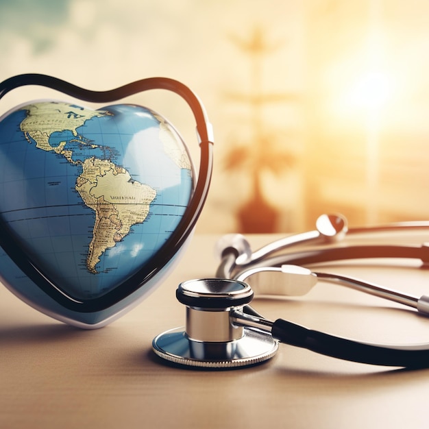 A stethoscope on a blurred background with a heart symbol with world map AI generative
