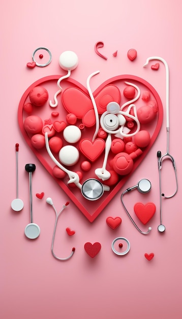 Stethoscope books and red heart on wooden table with red background