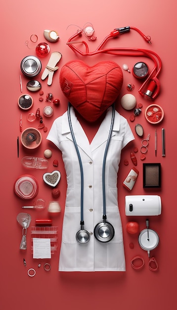 Stethoscope books and red heart on wooden table with red background