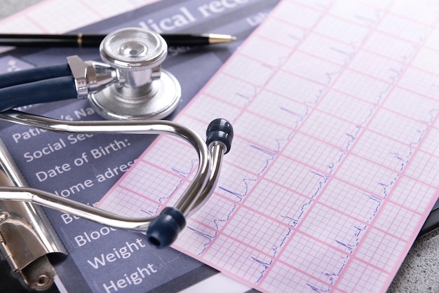 Stethoscope on cardiogram sheet closeup