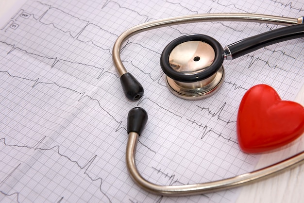 Stethoscope on cardiogram on table close up