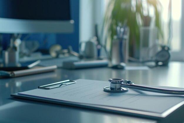 Stethoscope and clip board on the doctor workplace close up