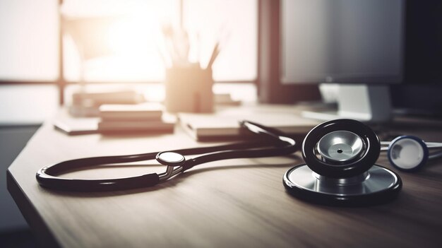 A stethoscope on a desk with a window behind it